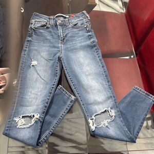 Celebrity Pink Blue Skinny Jeans with Distressed Details